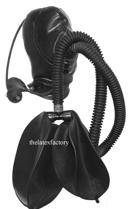 Inflatable latex hood with blow-up bags and corrugated breathing pipe, UK handmade"